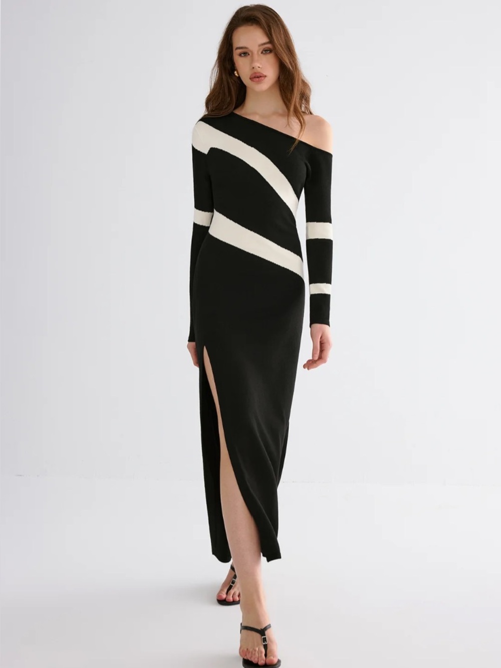NWT Commense Off-Shoulder Black/White Stripe Maxi Dress